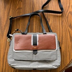 Fossil Brown and Black Crossbody Bag with Striped Design